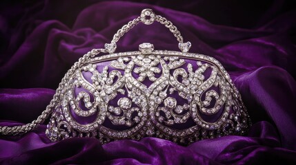A high-end diamond-studded purse with a delicate chain strap set against a deep purple background