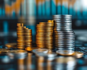 Stacks of coins of different colors demonstrate financial growth potentially