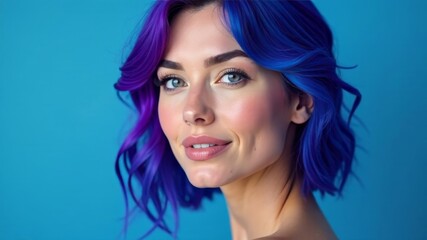Naklejka premium portrait of a girl with blue hair on a blue background