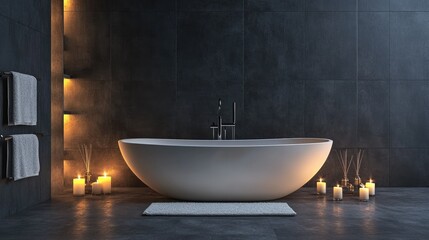 A luxurious bathroom setup with a freestanding bathtub, candles, and soft fluffy towels