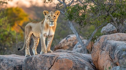 Majestic Lioness on Rocky Outcrop at Sunset