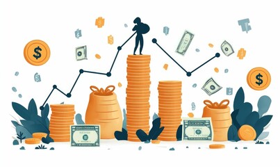 Naklejka premium Figure climbs growing stacks of coins money growth