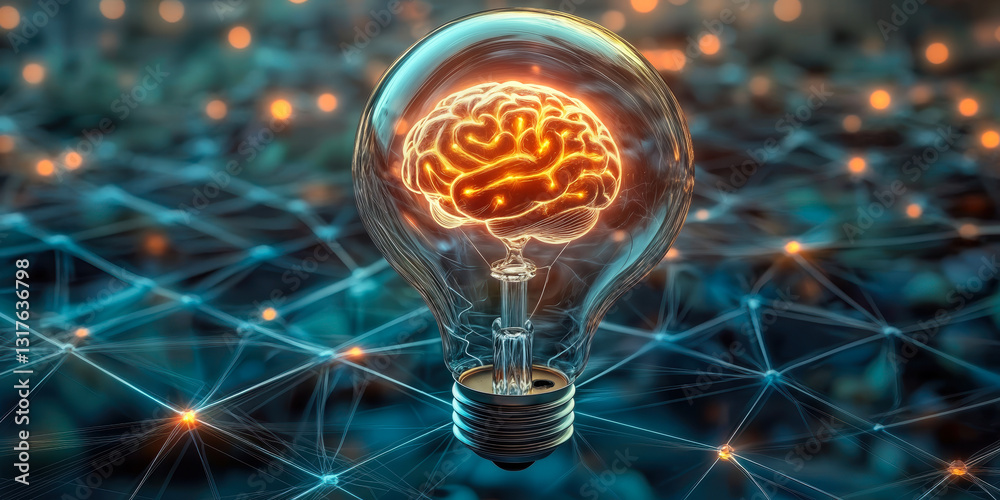 Poster futuristic artificial intelligence brain inside glowing lightbulb with network grid background symbo