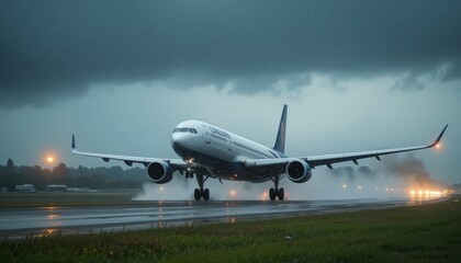 Obraz premium Airplane Landing on Rainy Airport Runway Under Dramatic Cloudy Sky