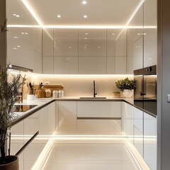 A modern stylish kitchen with bright lights and white cabinetry