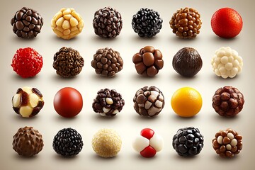Twenty five different spherical shaped treats are arranged for display