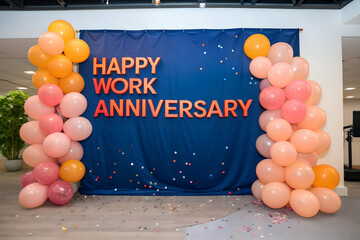 Happy work anniversary backdrop with vibrant balloons and elegant blue drapes