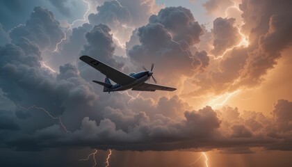 Fototapeta premium Airplane Flying Through Dramatic Storm Clouds and Lightning Strikes