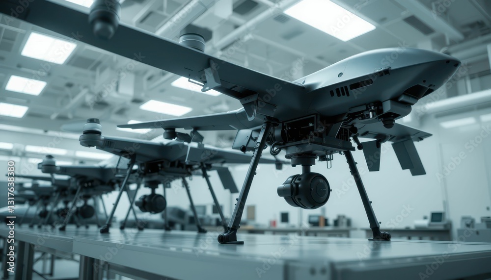 Poster advanced drones displayed in high-tech laboratory environment