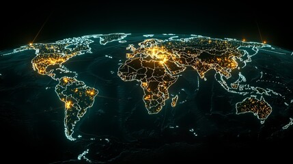 A stunning digital representation of the Earth, highlighting urban areas with glowing lights against a dark background.