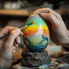 An enthusiastic individual painting a brightly colored egg in preparation for easter festivities