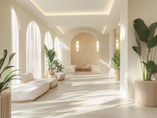 A serene interior space with natural light and lush greenery