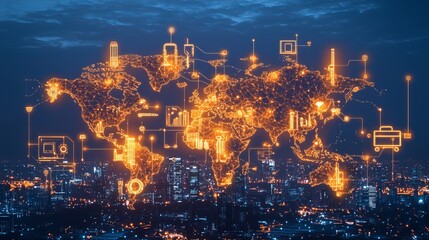 Fototapeta premium Digital world map with glowing network connections over a city skyline at dusk.