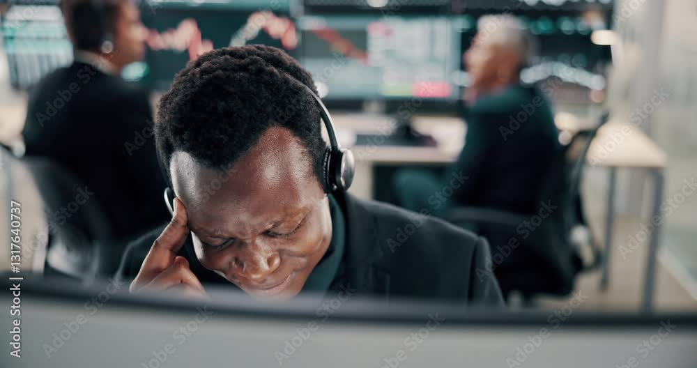 Poster computer, headache and stock market trading with man in office for burnout or consulting stress. fin