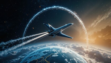 Obraz premium Futuristic Aircraft Soaring Above Earth with Cosmic Background