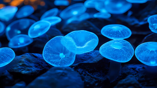 Bioluminescent algae cells glowing blue under a magnified microscope. Bioluminescent Glow. Illustration