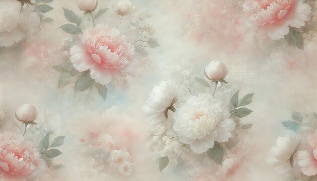 Zarte Pfingstrosen in Wei&szlig; und Rosa bl&uuml;hen in einem pastellfarbenen Nebel. Ein vertr&auml;umtes, romantisches Motiv, ideal f&uuml;r Fr&uuml;hling und Pfingsten. Generative KI.