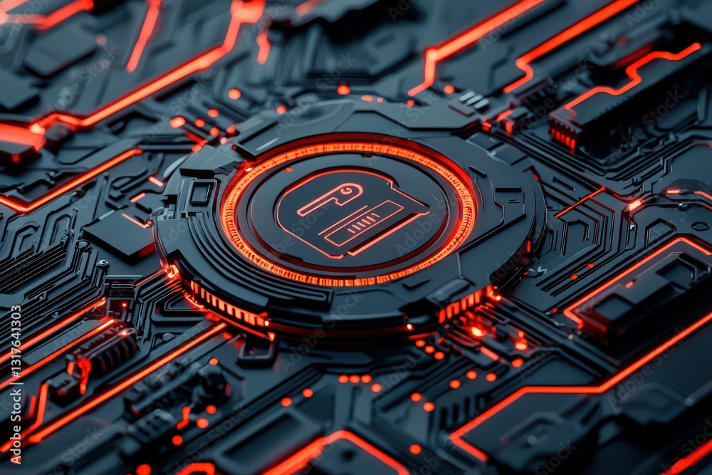 Poster futuristic cyber security matrix with lock and shield design over circuit background