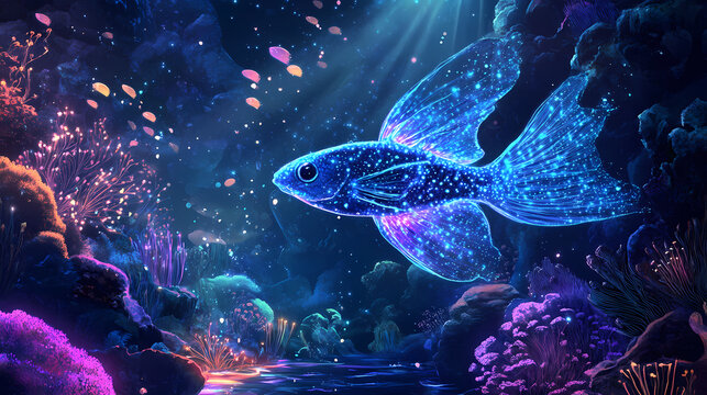 Ethereal and captivating image of a glowing bioluminescent deep sea fish swimming in a fantastical underwater realm. Bioluminescent Glow. Illustration