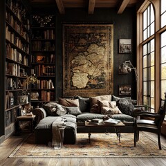 A cozy living room features a sectional sofa and bookshelves