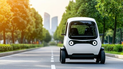Compact Futuristic Electric Car Driving on Smart Eco-Friendly Road Surrounded by Trees
