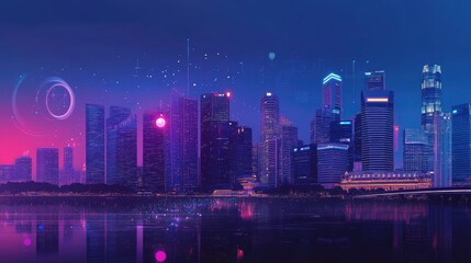Obraz premium Cyberpunk Cityscape, Neon Lights and Digital Reflections