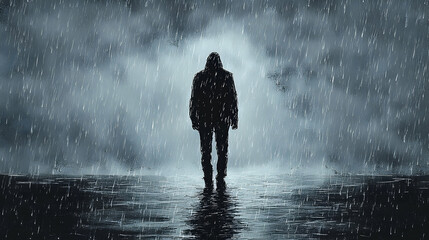Obraz premium A solitary figure walks through a torrential downpour