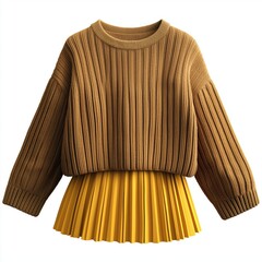 brown, oversized, ribbed knit sweater, featuring a relaxed fit and a crew neckline, styled with a yellow pleated mini skirt.