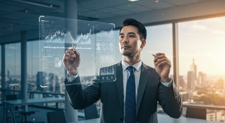 Asian Businessman Analyzing Financial Data on Futuristic Holographic Interface in Modern Office