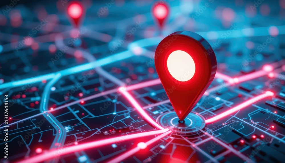 Poster geolocation concept with map and gps pin icon in neon style