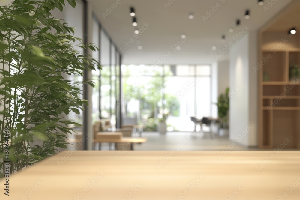 Fototapete blurred office interior with wooden countertop for product presentation or mockup display in 3d rend