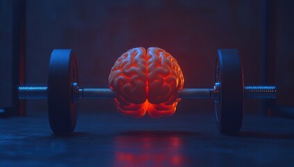 A glowing brain rests on a pair of weights, a dramatic lighting creates a mood of mental strength