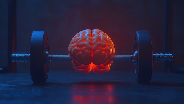 A glowing brain rests on a pair of weights, a dramatic lighting creates a mood of mental strength
