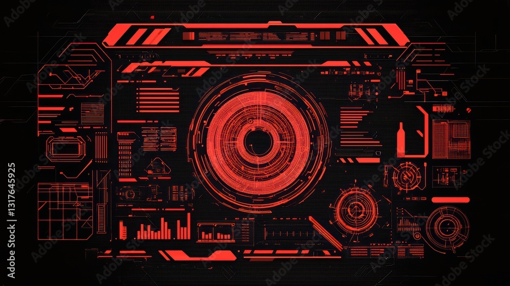 Poster futuristic minimalist digital interface design with red and black color scheme for hud elements