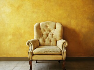 An upholstered armchair sits before a painted yellow wall