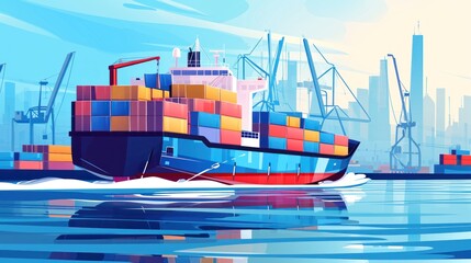 Fototapeta premium Concept of Global Cargo business Ilustracion. Global Shipping and Freight Transportation. Cargo. Cargo Ship with Containers, Logistics and International Export Cargo Concept with copy space. 