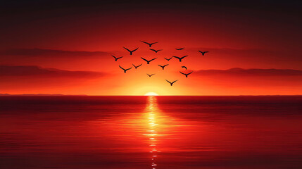 Birds silhouette at vibrant sunset over ocean