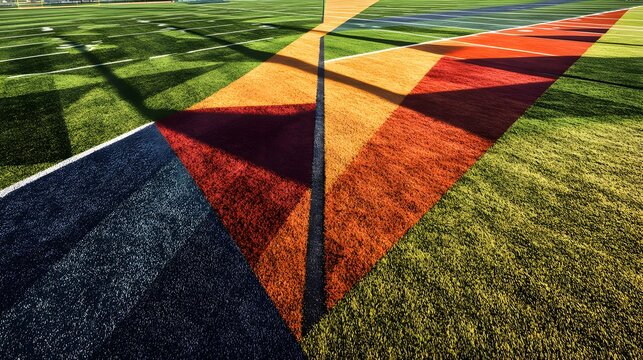 An artistic image that features a multicolored geometric pattern on a grass field. The vibrant design evokes feelings of creativity and innovation
