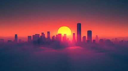 City skyline at sunset, above clouds