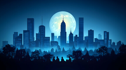 City skyline at night with people enjoying the view