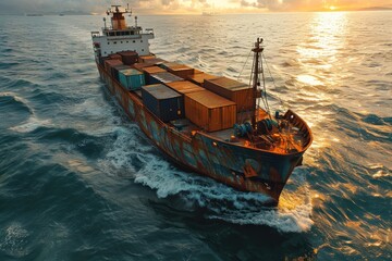 Fototapeta premium Concept of Global Cargo business Ilustracion. Global Shipping and Freight Transportation. Cargo. Cargo Ship with Containers, Logistics and International Export Cargo Concept with copy space. 