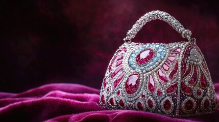 Obraz premium A sparkling gemstone handbag artistically positioned on a velvety purple surface