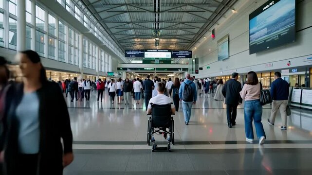 Man using wheelchair moving through busy airport terminal or convention center