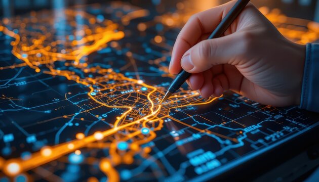 Hand Drawing on Digital Map with Illuminated Network Connections