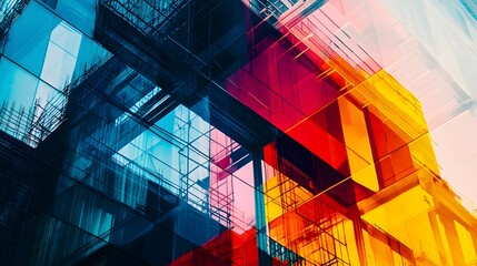 abstract view of a modern building with glass facade in vivid colors. The sky is reflected on the glass windows, creating a dynamic interplay of light and shadow