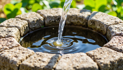 Refreshing water flowing into rustic stone well, natural serenity