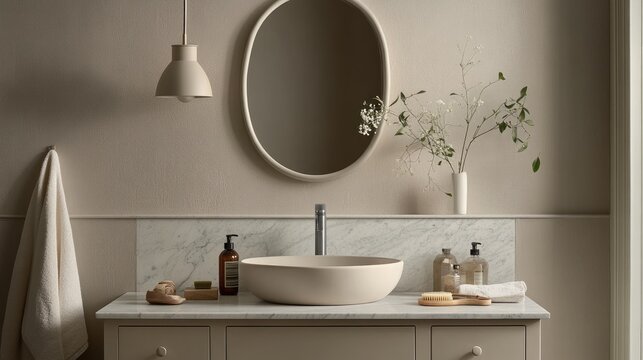 A stylish bathroom vanity with an oval mirror, pendant lighting, and marble backsplash