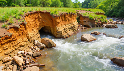 Eroded riverbank with flowing water and stones, nature's beauty