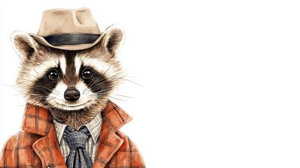 Fototapeta premium Watercolor Art of a Raccoon Detective in a Coat and Hat with Charming Features