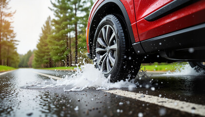 Summer tire splashing water while driving on a rainy road, performance test